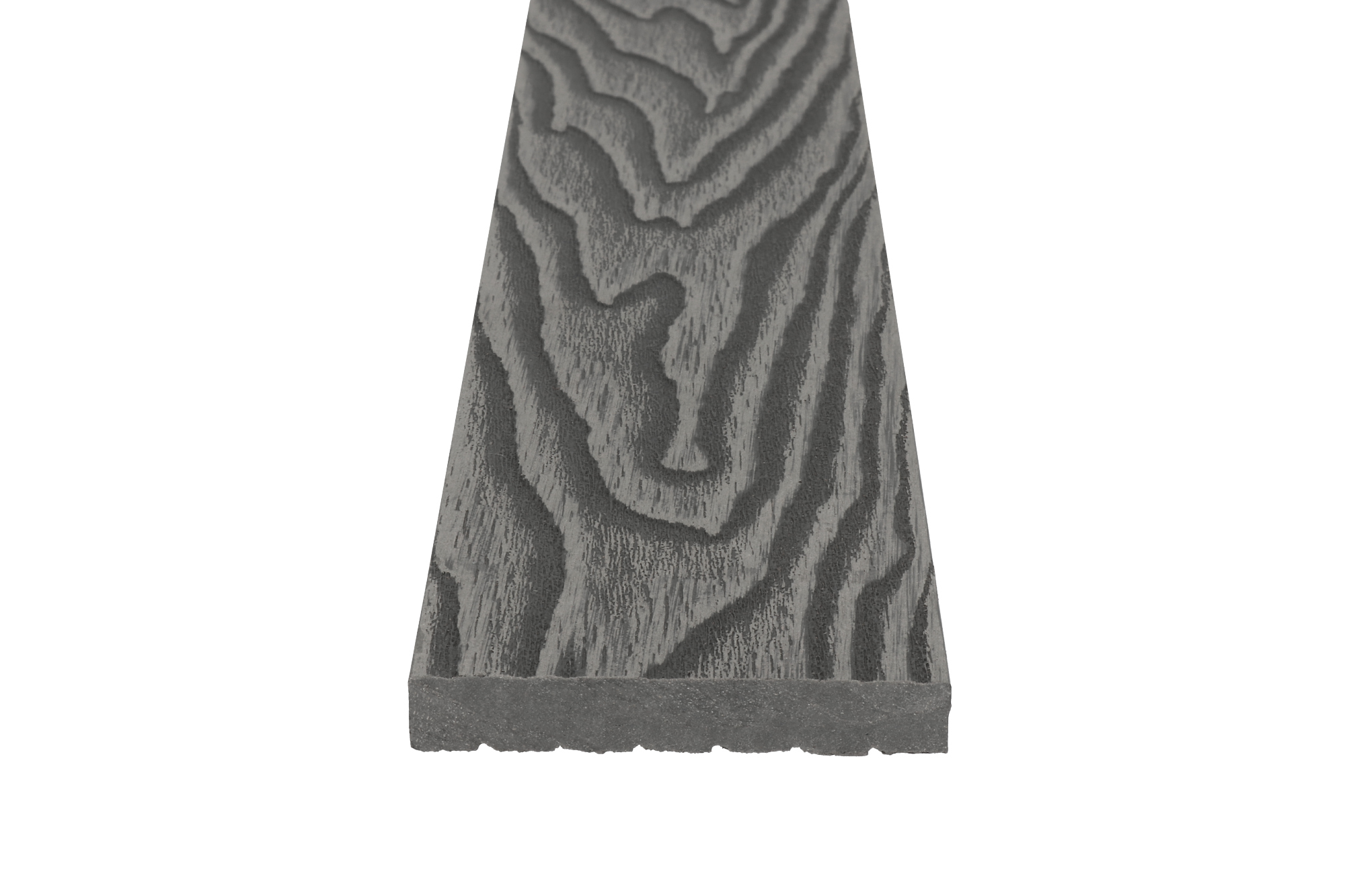 A sample of a grey composite skirting board with a wood-grain texture.